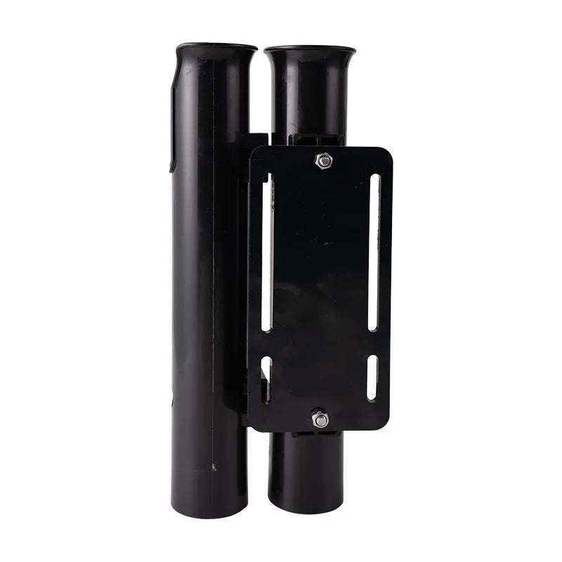 Plastic fishing rod rack with double-layer frame for mounting to bicycle or motorcycle handlebars.