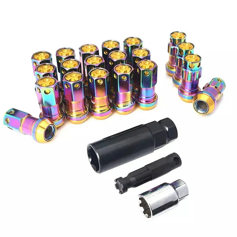 Set of aluminium alloy flat head wheel nuts in various colour combinations including black gold and blue.