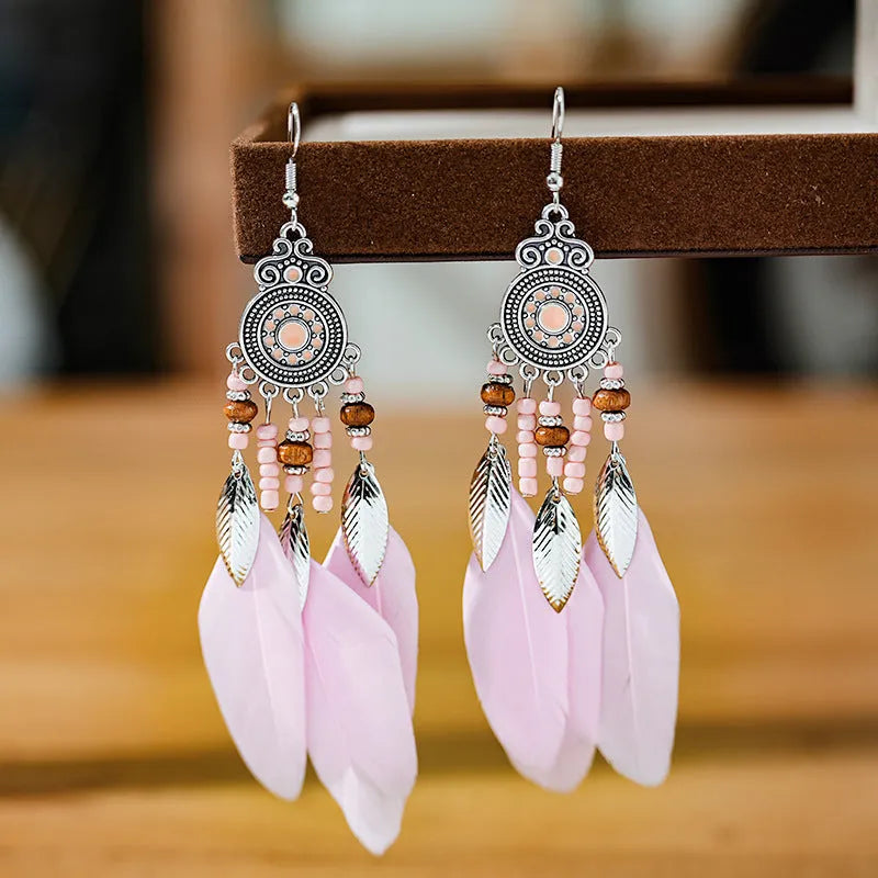 Round drop feather earrings with leaf pattern in Bohemian style, electroplated alloy in various colour options