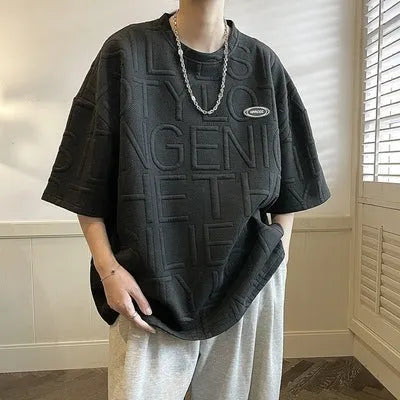 Men's grey loose retro T-shirt with a raised 3D letter print on the chest