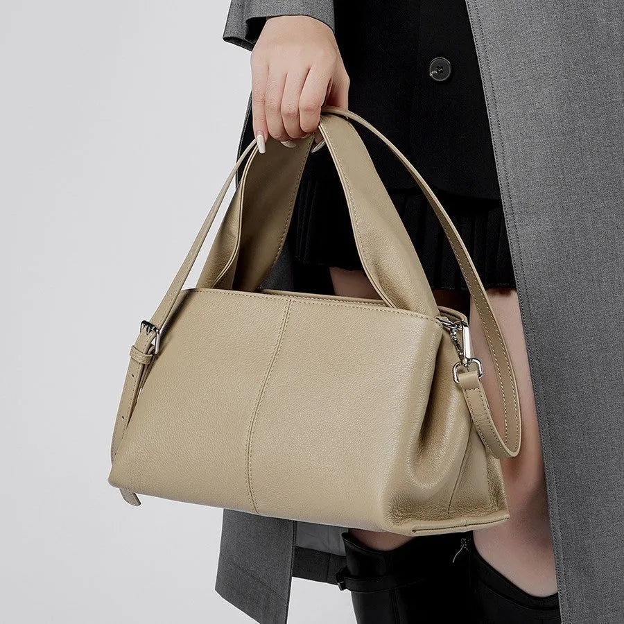 Women's genuine cowhide leather messenger bag with double shoulder straps in horizontal square shape