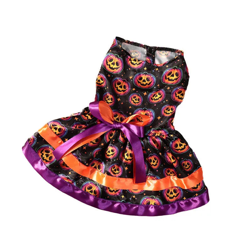 Halloween dog skirt with colourful pumpkin and skull prints in double-layer design
