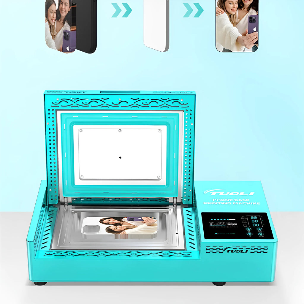 Metal phone case heat transfer printing press machine on a workbench.