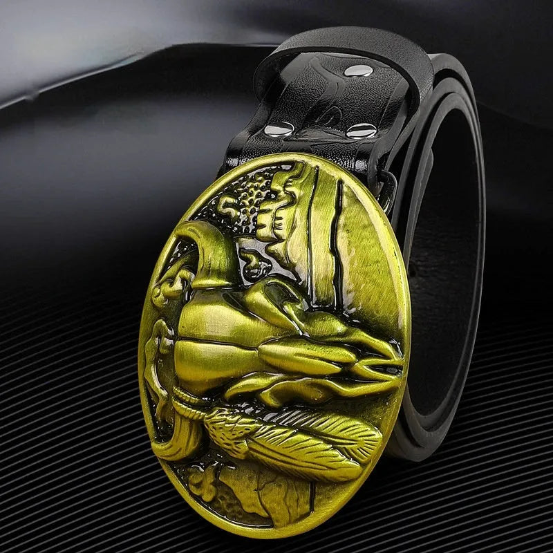Men's black imitation leather belt with decorative alloy cow head buckle and pin buckle fastening
