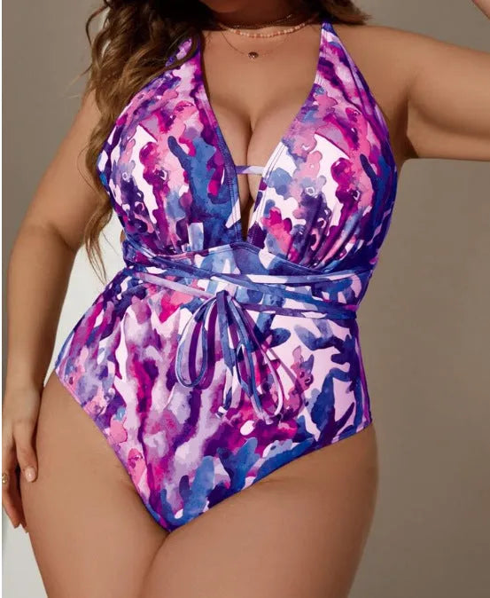 Solid colour halter neck one-piece bikini swimsuit for women in blue or purple