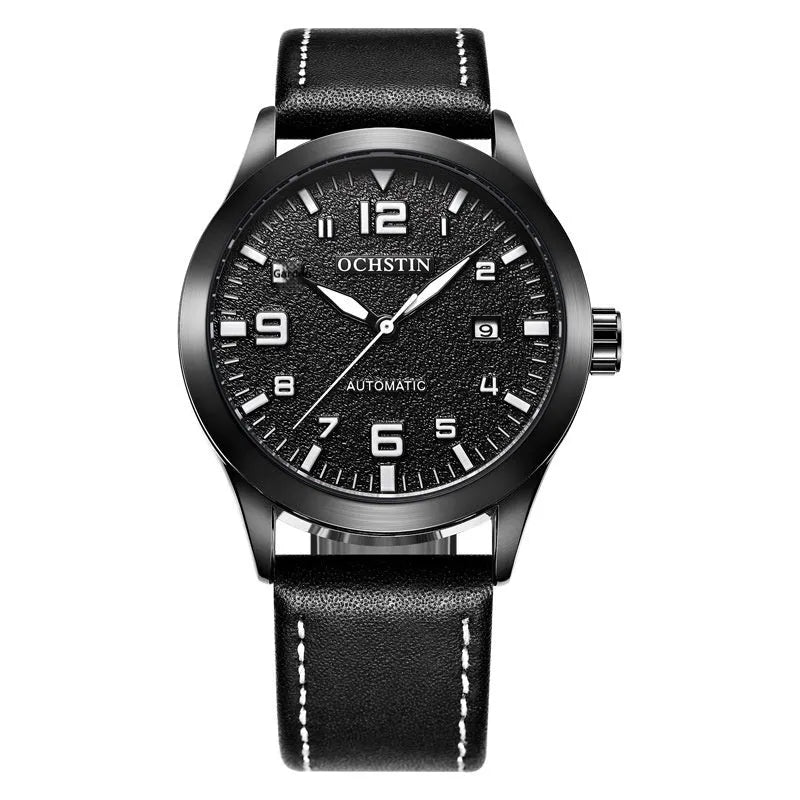 Men's automatic mechanical watch with leather strap showing black shell beige dial and silver army green options
