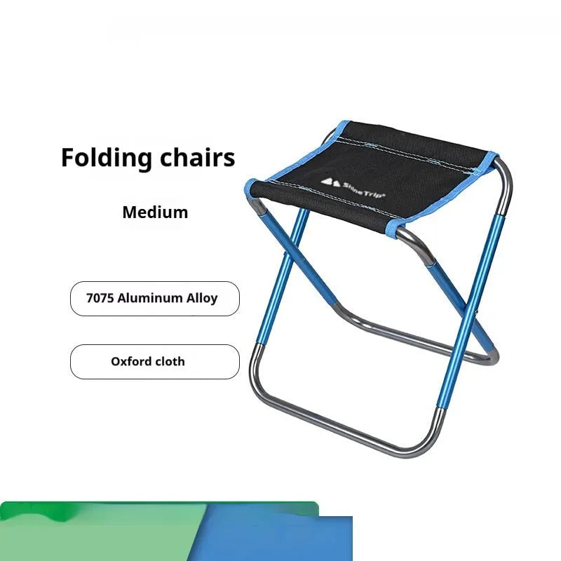 Black aluminium alloy folding camping stool shown in folded and unfolded positions.