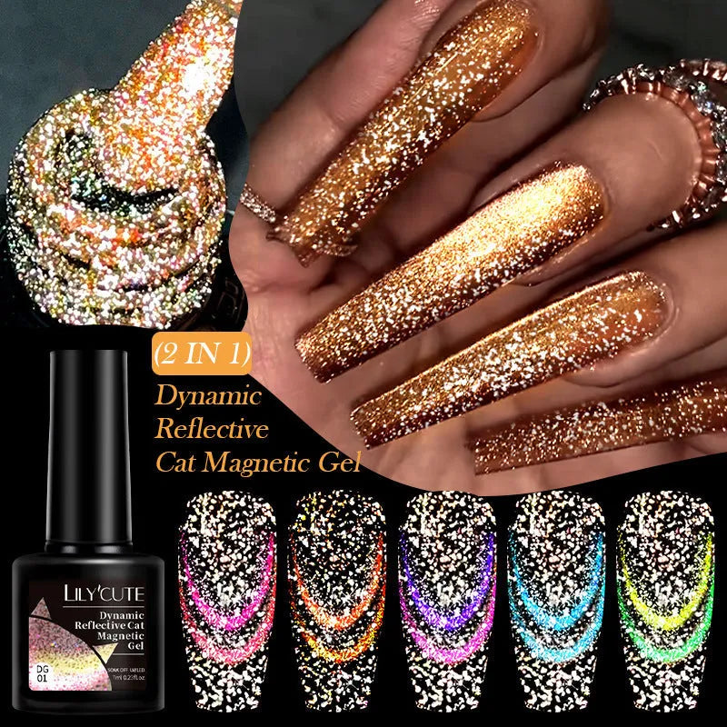 Six bottles of cat eye effect UV gel nail polish with diamond glitter and included nail glue.