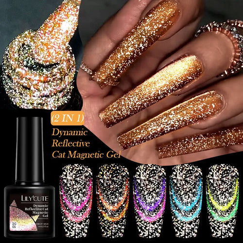 Six bottles of cat eye effect UV gel nail polish with diamond glitter and included nail glue.