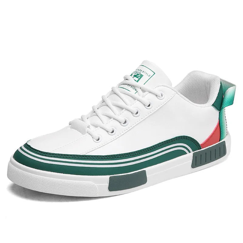 Men's beige and green canvas casual shoes with mesh ventilation sections and flat heels