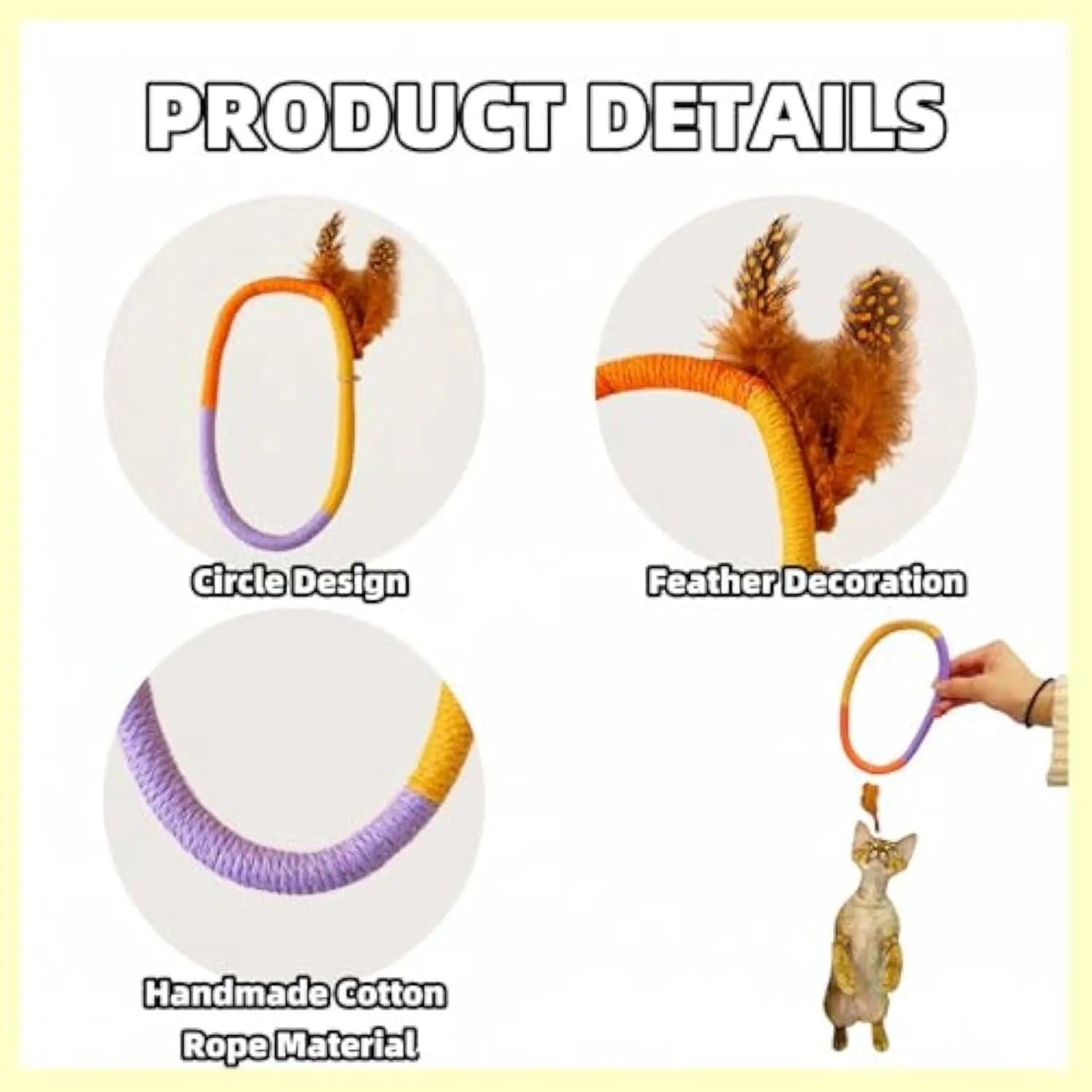 Circular cotton rope cat toy with feathers and catnip filling for indoor feline play