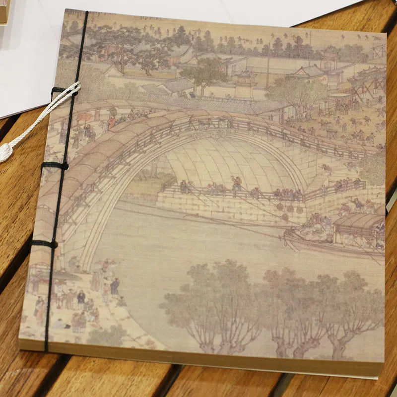 A5 antique wire-bound notebook with retro painting design on white cowhide cover