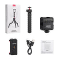 Vlog tripod kit with extended legs and a detachable Bluetooth remote shutter for mobile phone filming.