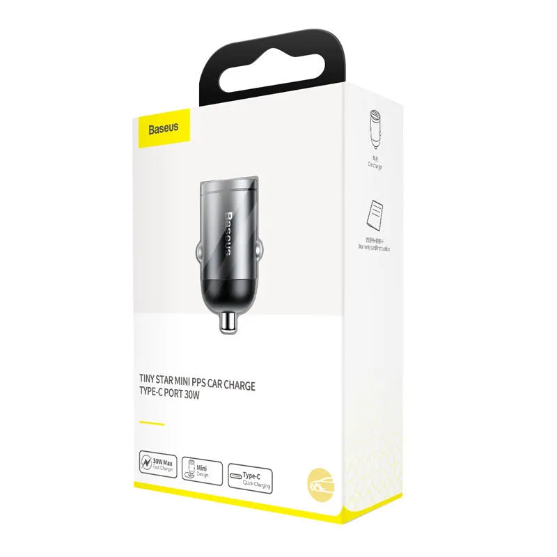 Baseus Huixiaoxing electro-optical grey 30W mini car charger with single USB port and cable.