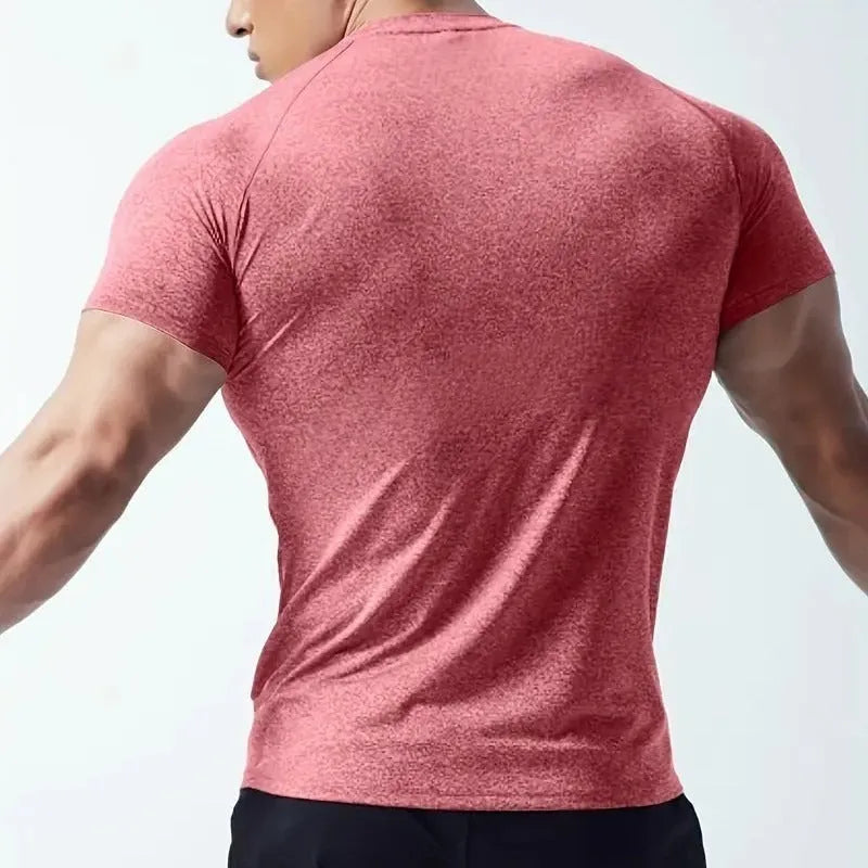 Men's black quick-dry polyester casual short sleeve t-shirt on a hanger.