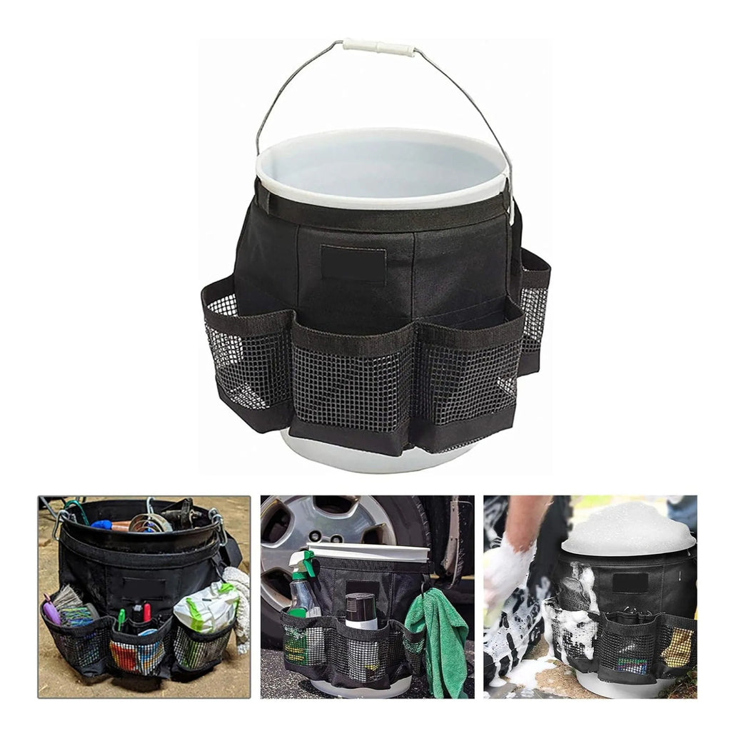 Black cylindrical polyester storage bag hanging from 5 gallon barrel for tool organisation