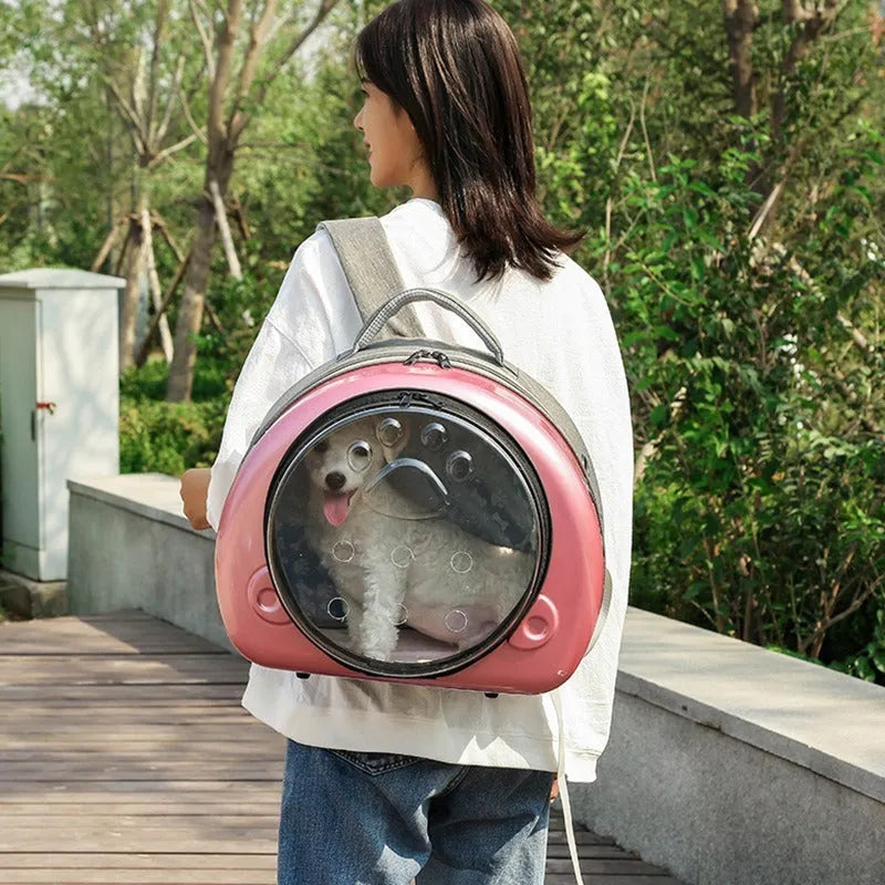 Transparent PC canvas cat carrier bag in space capsule shape with rose gold front cover.