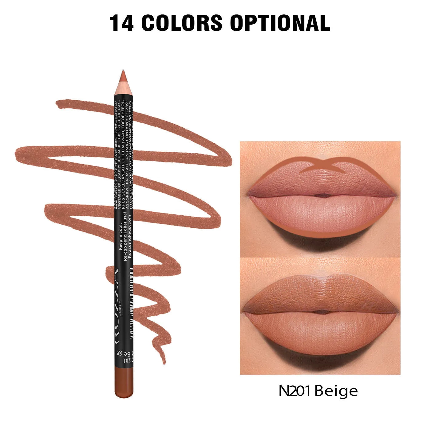 Matte lip liner pencil in a wooden tone shade from a set of 14 colours, shown on a hand.