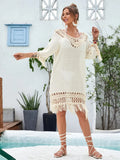 Apricot-coloured hand-crocheted women's beach dress for swimming, shown as a free-size garment.