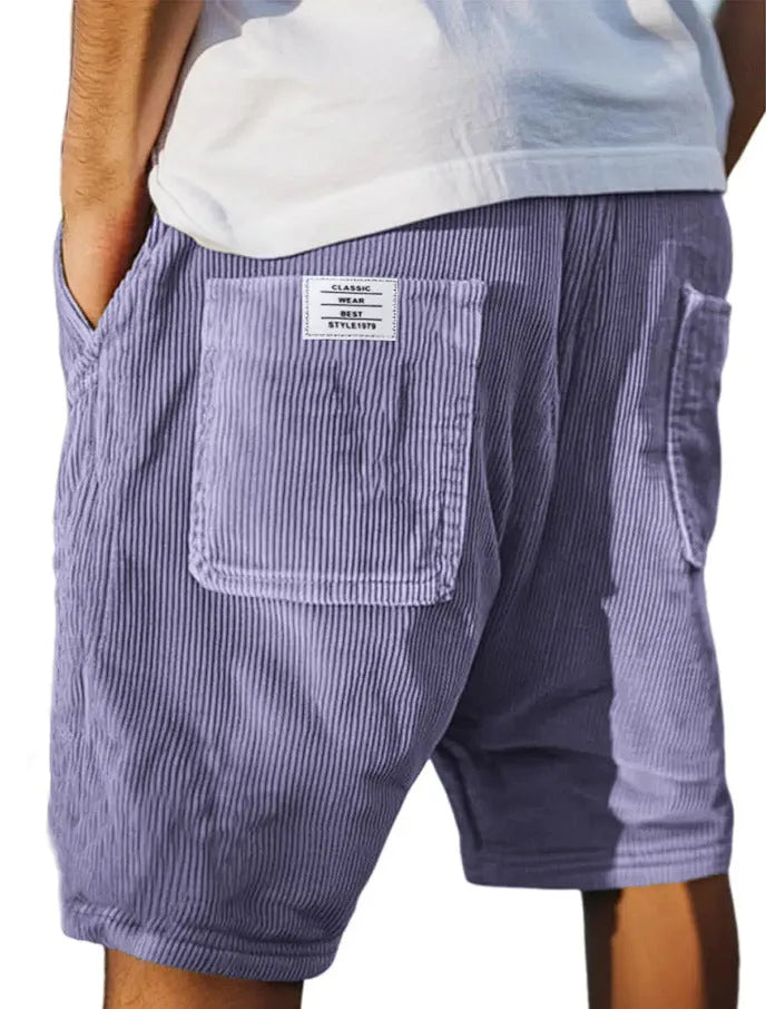 Men's grey corduroy shorts with multiple pockets and embroidery detail, straight-leg summer design