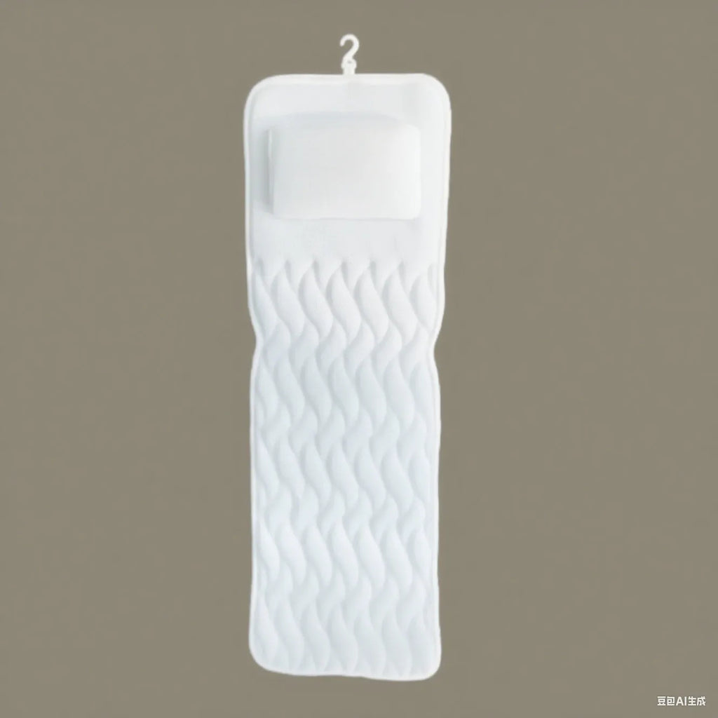 White bathtub pillow with 7 suction cups on a breathable 3d mesh material.