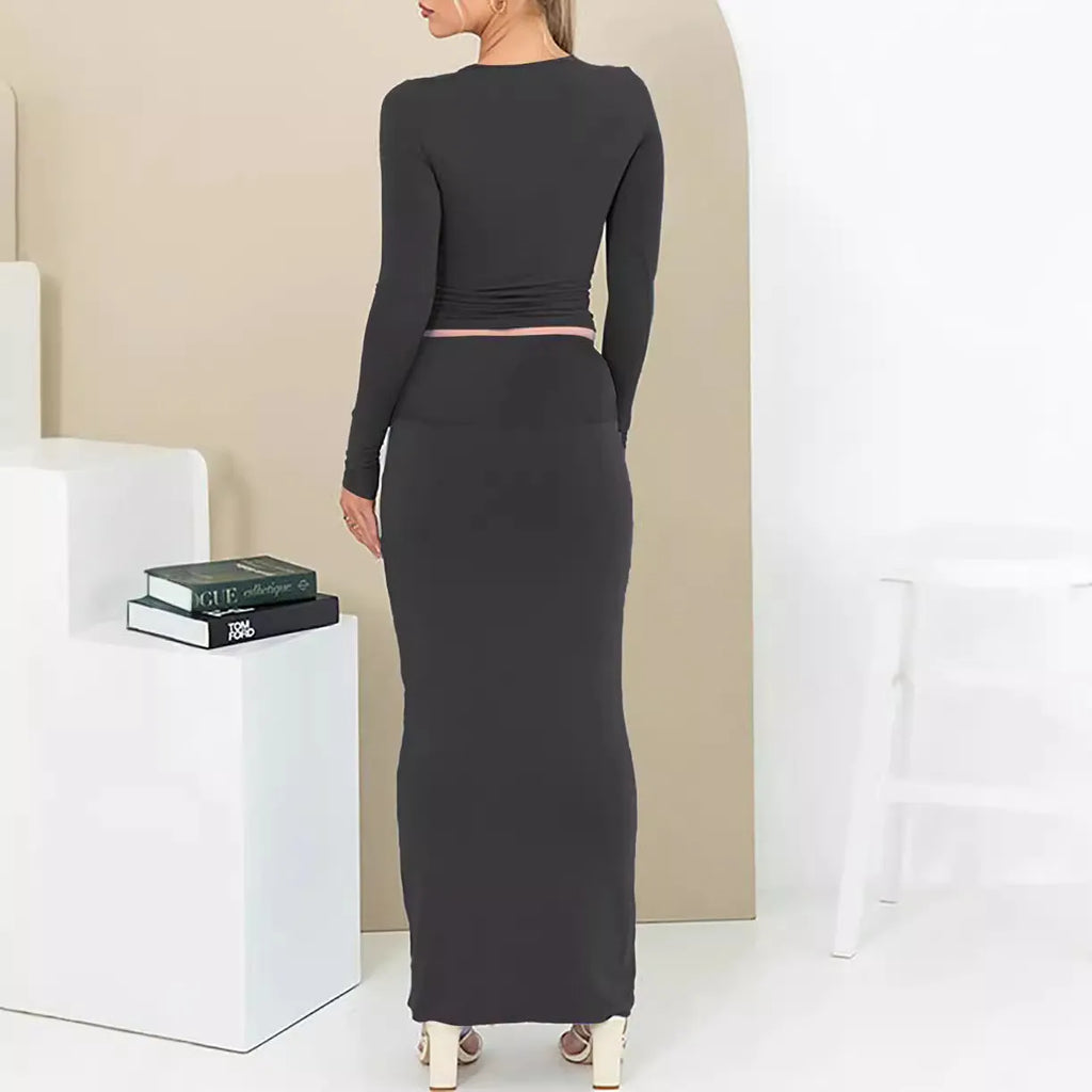 Women's polyester two-piece autumn suit in sweet style with three-quarter sleeves and long skirt