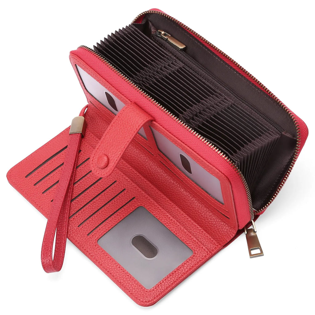 Women's expanding long wallet in denim blue showing card slots and passport pocket with anti-theft swiping feature