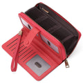 Women's expanding long wallet in denim blue showing card slots and passport pocket with anti-theft swiping feature