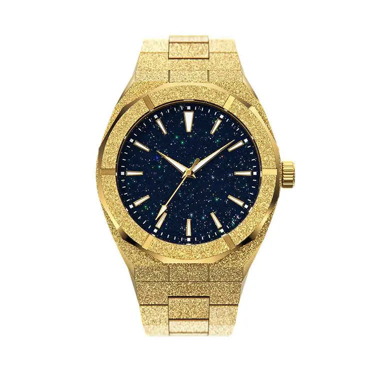 Men's stainless steel watch with a 42mm dial, butterfly buckle, shown in four colour options.