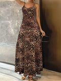 Dark brown leopard print women's dress with sleeveless sling design and shoulder straps