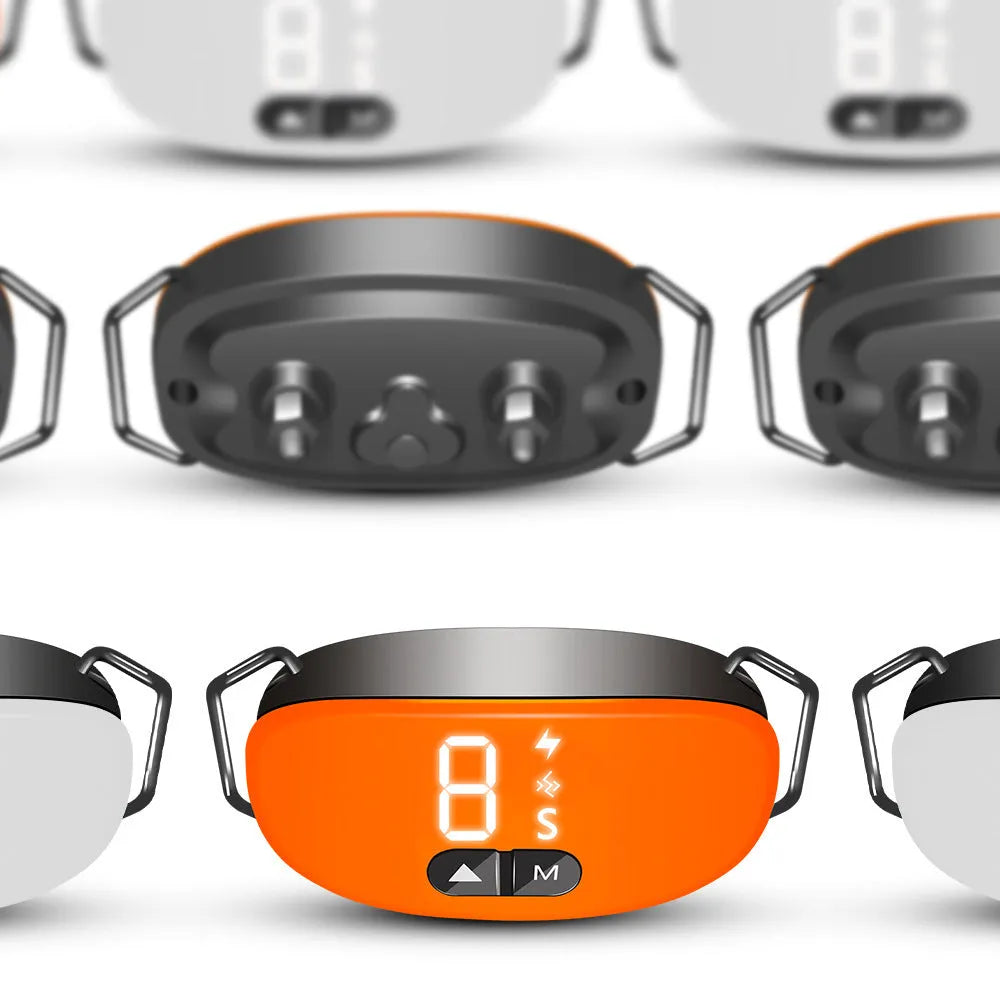 Bark Stopper plastic dog collar in black, orange, and white for barking prevention