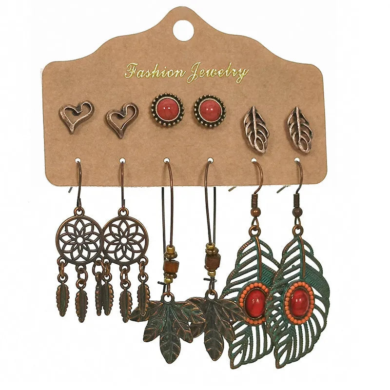 Bohemian earring set with alloy base, electroplated finish, tassel and beaded drop designs in heart shape