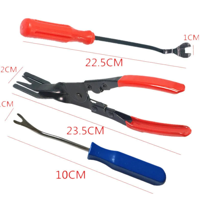 Red handle automotive door panel clip removal tool with steel construction for General Motors vehicles