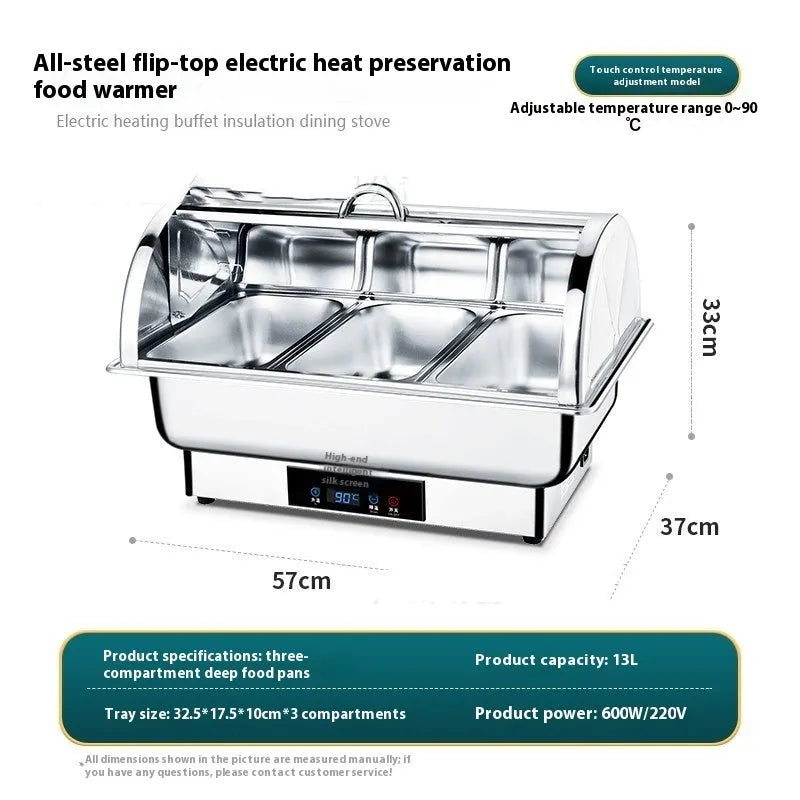 Stainless steel electric buffet stove with transparent flip-top lid and LCD temperature control display