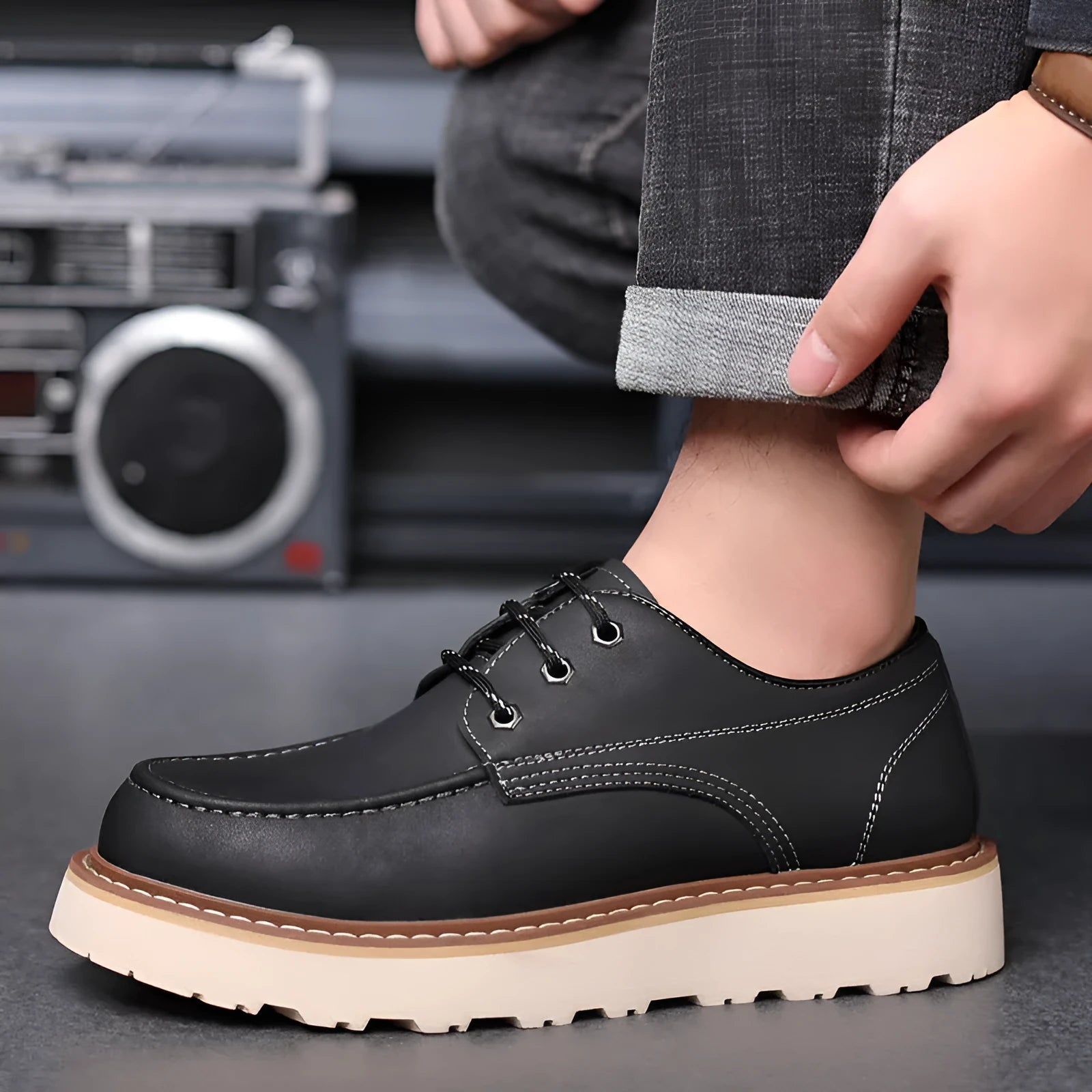 Men's black low-top Martin boots with round toe and rubber sole on a white background.