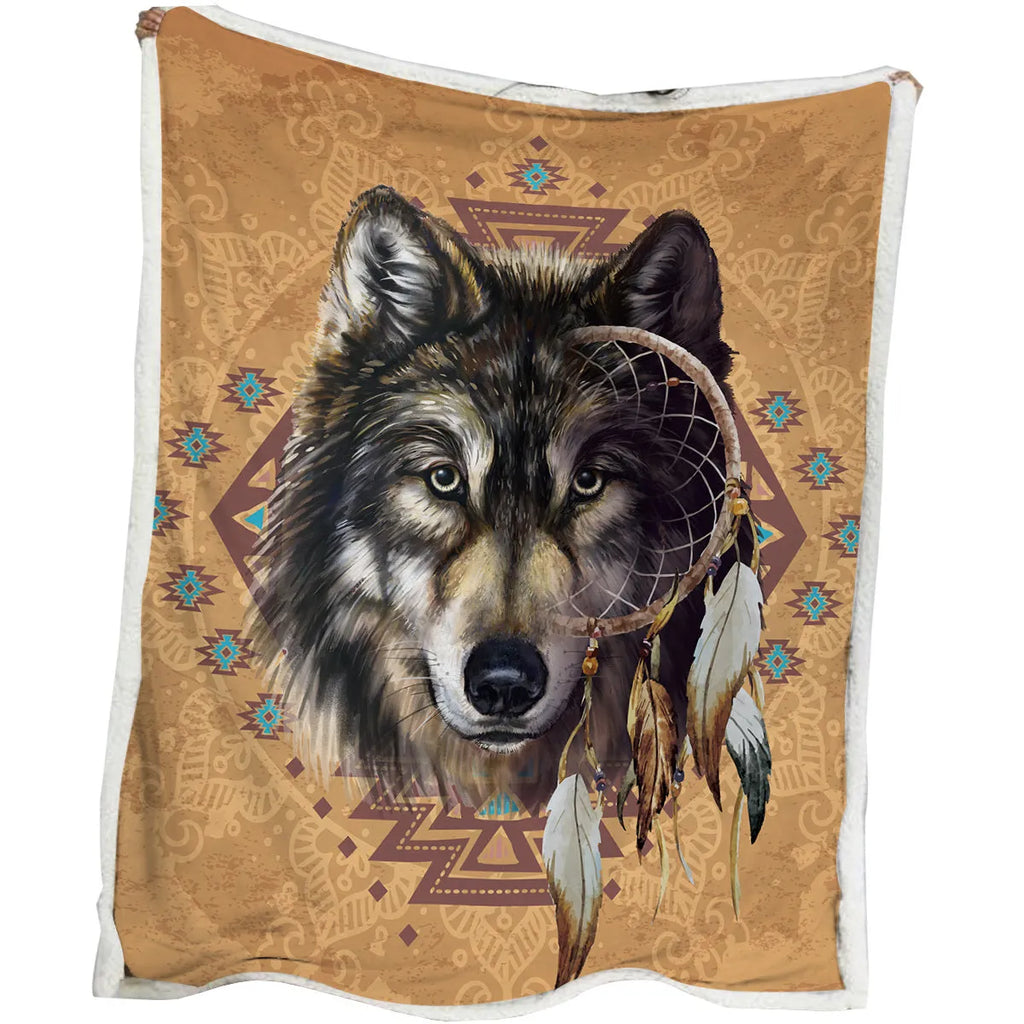 Brown sherpa fleece blanket with wolf head pattern, 150x200cm, on a couch