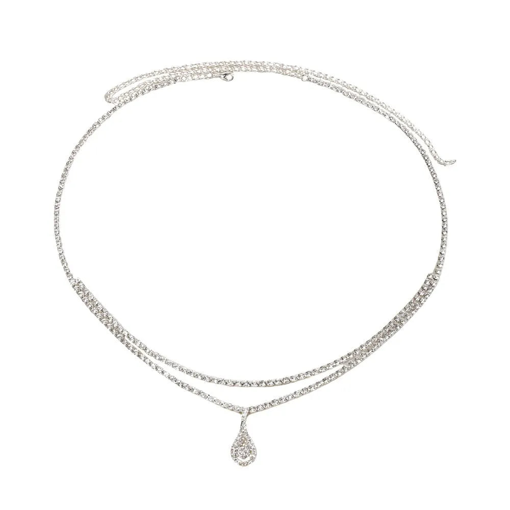 Gold or silver women's waist chain with water drop pendant measuring 115cm length with lobster buckle closure