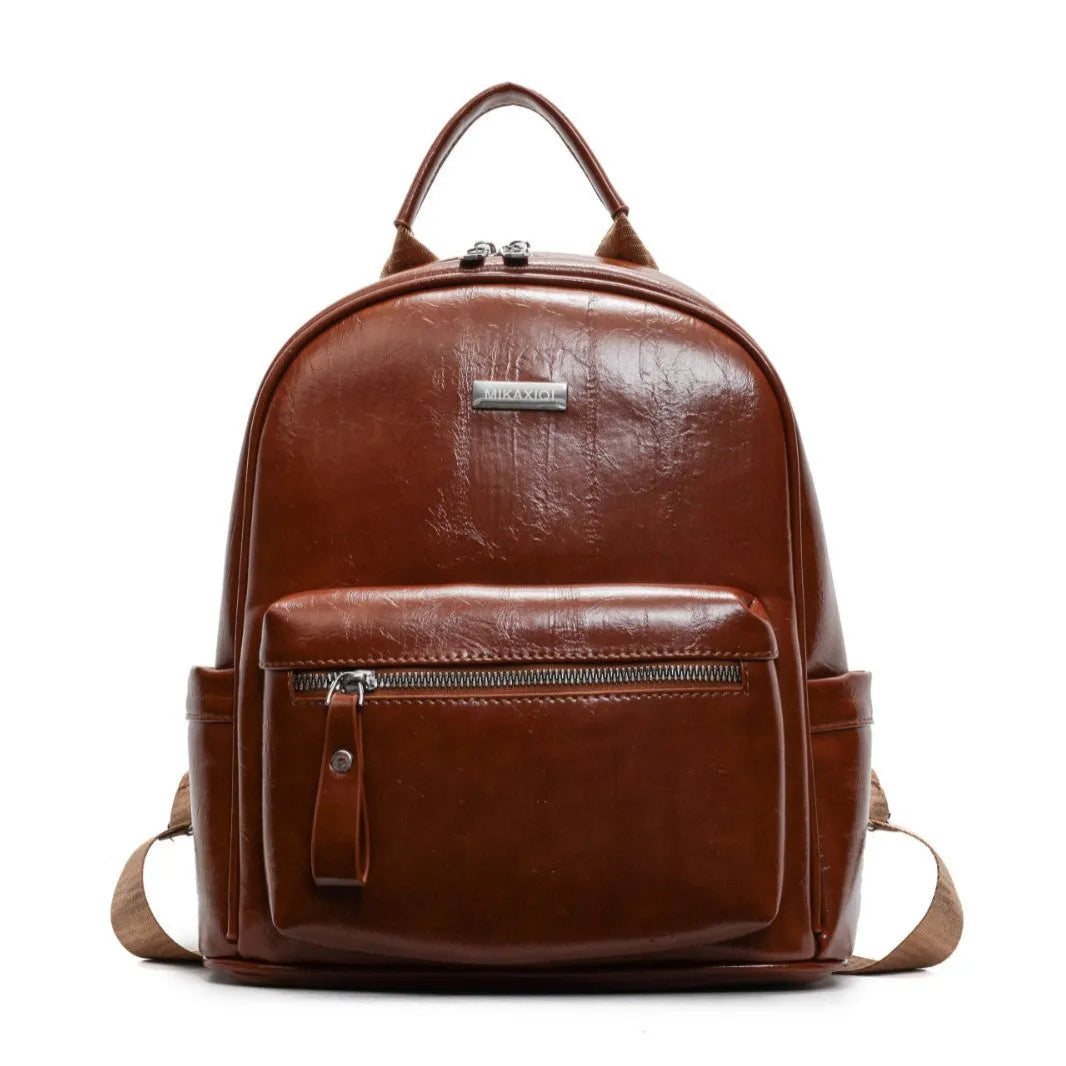 PU leather ladies travel backpack in urban simplicity style with sandwich pocket and polyester lining