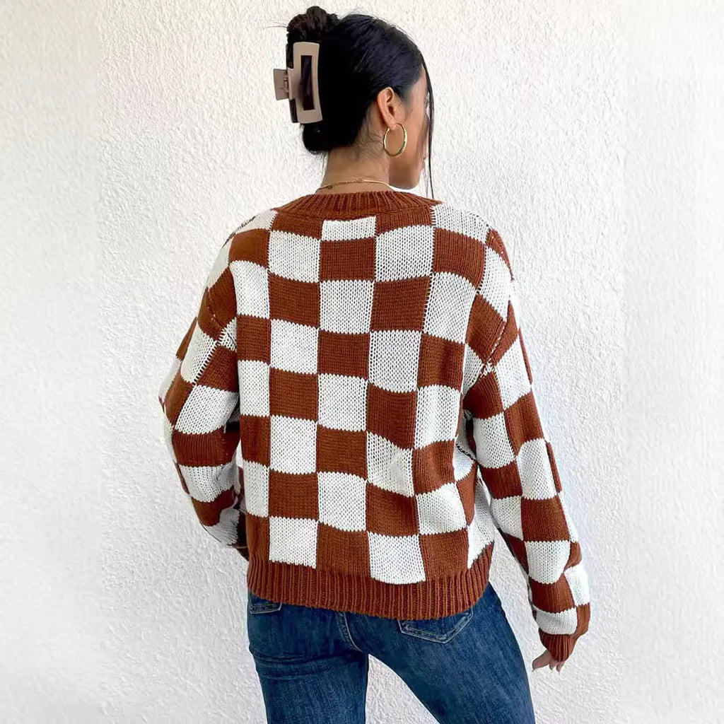 Dark brown plaid pattern acrylic pullover sweater with round neck and long sleeves
