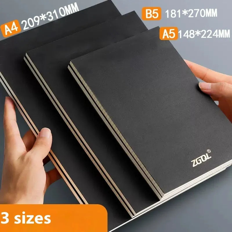 A5, B5 and A4 writing pads with blank, grid and lined page rulings.