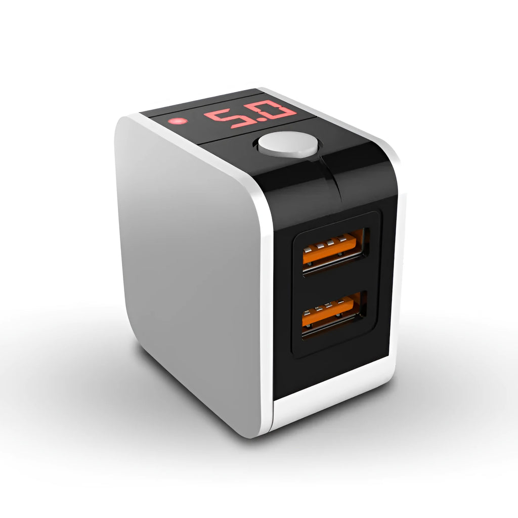 5V 2.4A USB travel charger with digital display showing black white red colour options
