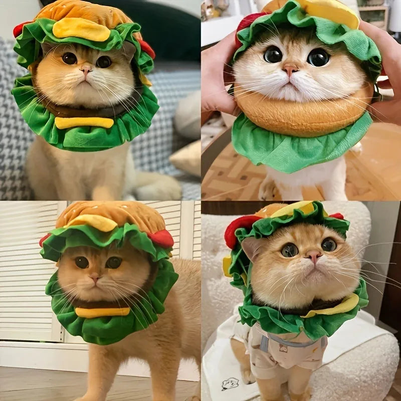 Cat wearing adjustable burger headdress collar with printed food details