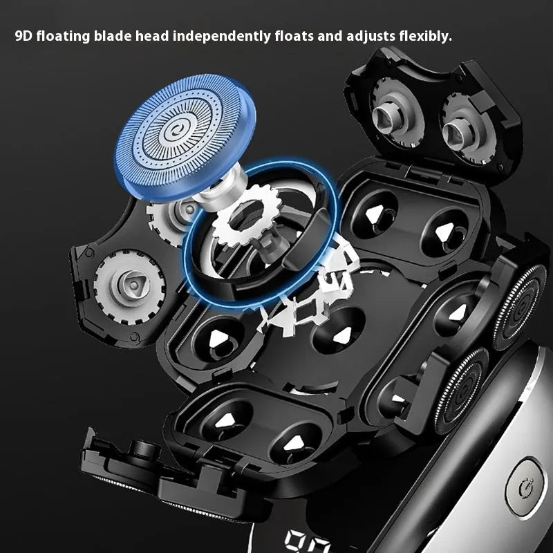 Black rechargeable 6-in-1 hair clipper and shaver kit with attachments displayed.