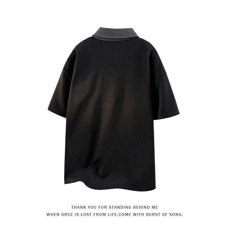 Men's black Heavy Henry collar polo shirt sweater thin spandex pullover short sleeves