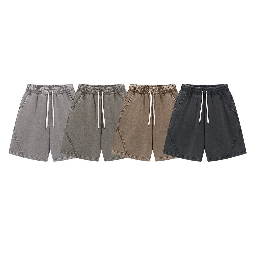 Men's heavy retro shorts in pure cotton terry fabric with batik colour options and loose street fashion style