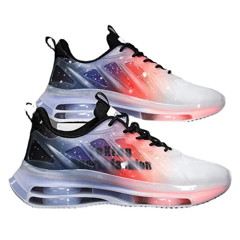 Men's casual platform running shoes in mesh with rubber sole, showing lace-up design and colour options