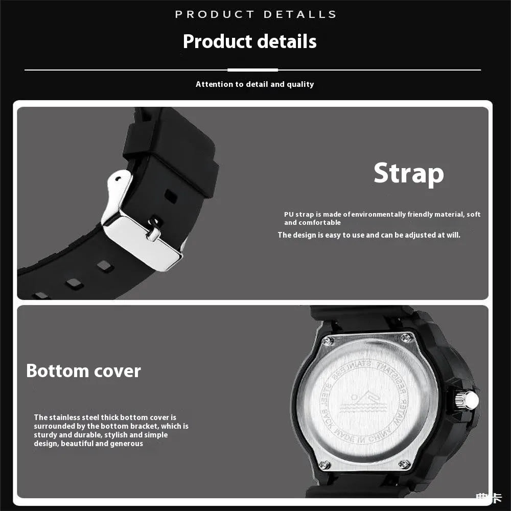 Men's sports luminous pointer quartz watch with black dial and sports bracelet