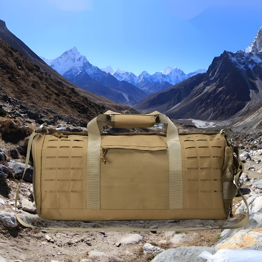Men's khaki waterproof Oxford cloth sports handbag with air pillow belt, showing size of 56x26x25cm