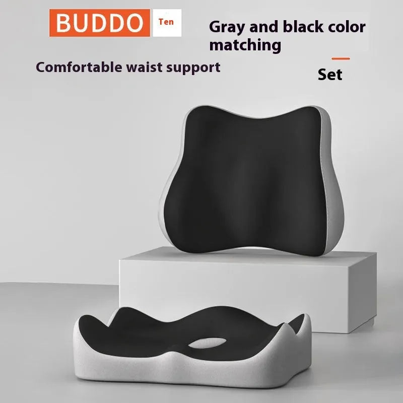 Memory foam seat cushion with waist rest for office sitting support in grey and black colour combination