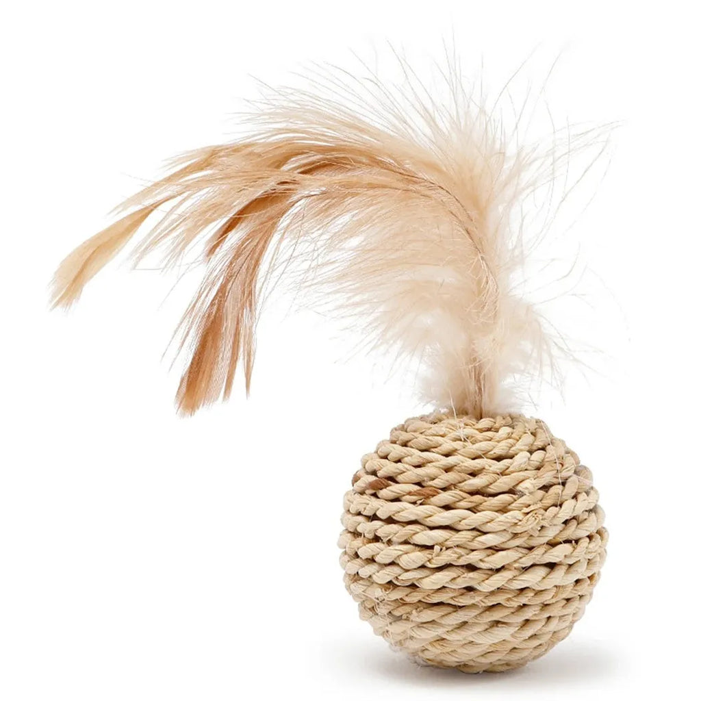Primary colour rattan ball and faux feather ball cat toys for interactive pet play
